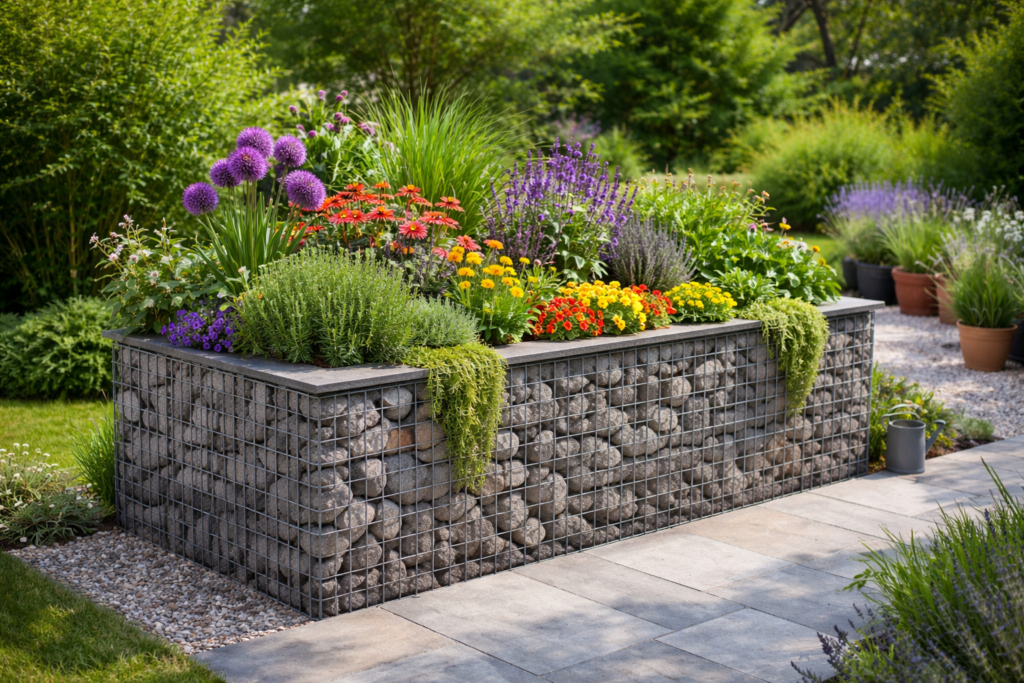 Gabionen Hochbeet mit Kräutern und Gemüse im modernen Garten
