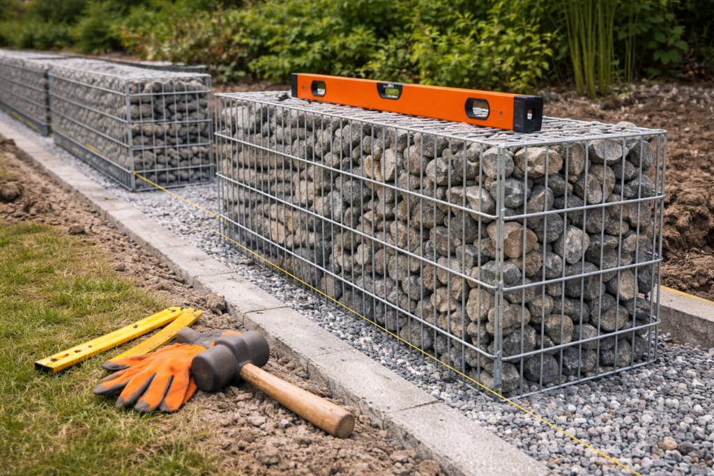 Gabionenmauer ausrichten