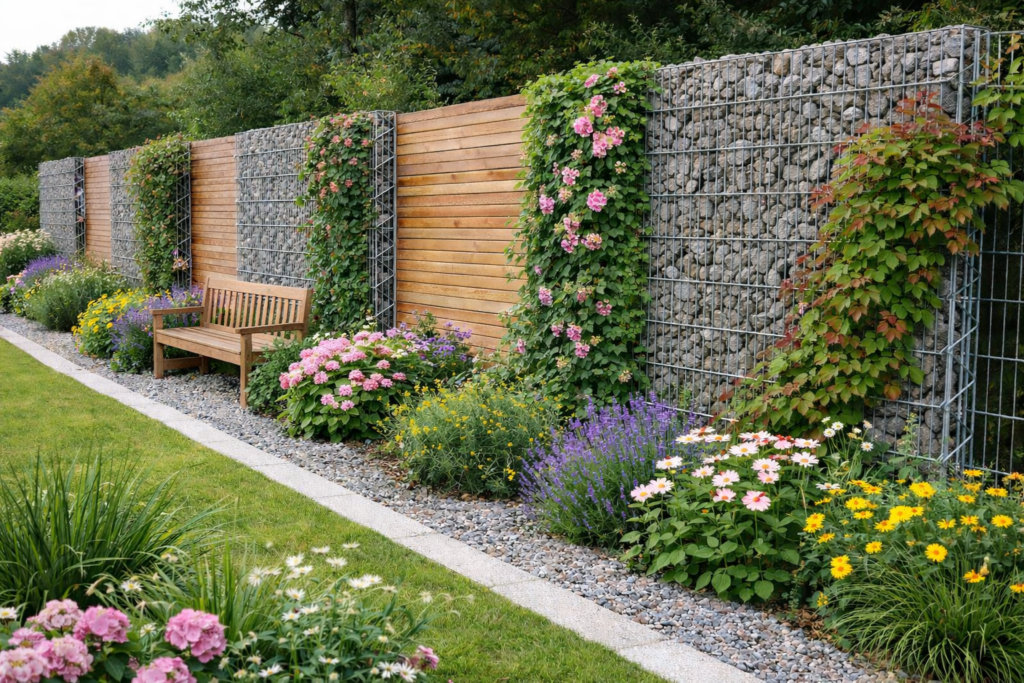 Gabionen bepflanzen mit Rankpflanzen im Garten
